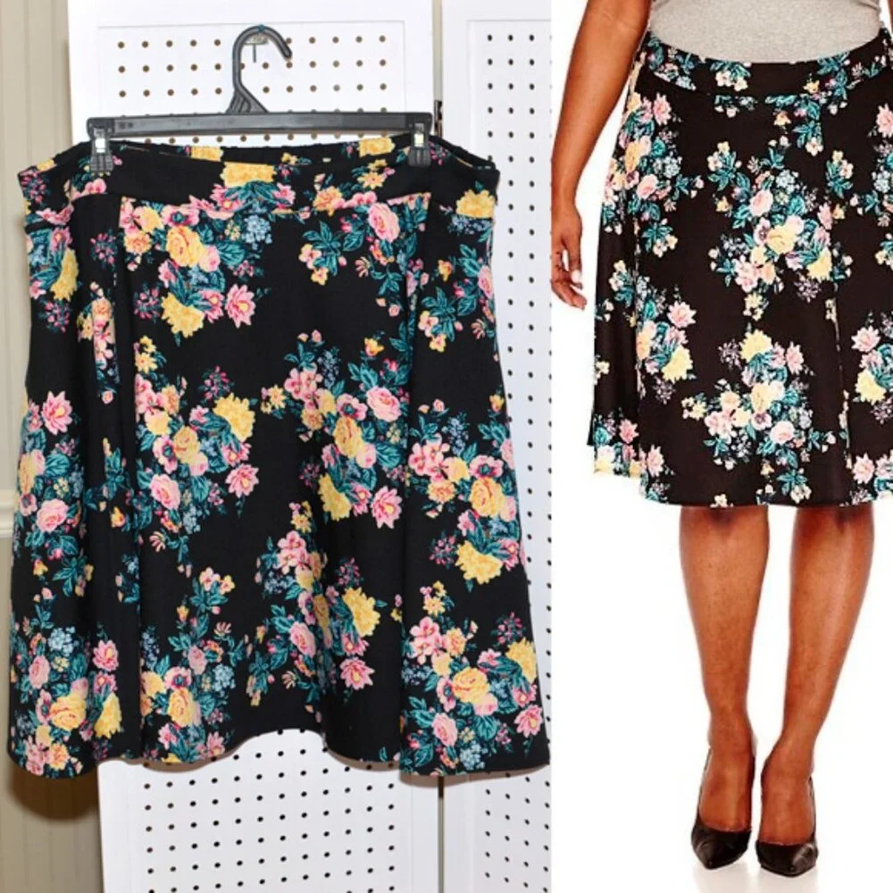 Plus Size 2X Ashley Nell Tipton Vintage Style Floral On Black Midi Skirt - Picture 2 of 12